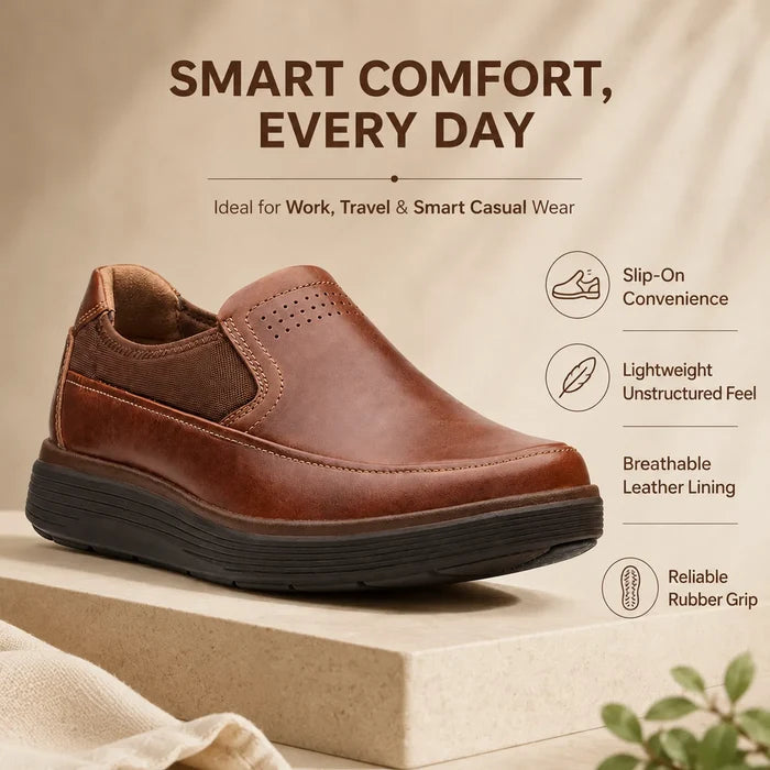 Brown leather slip-on business shoe with perforated toe and padded collar