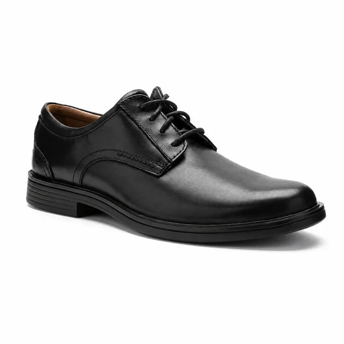 Black leather lace-up business shoe with rounded toe and low stacked heel.