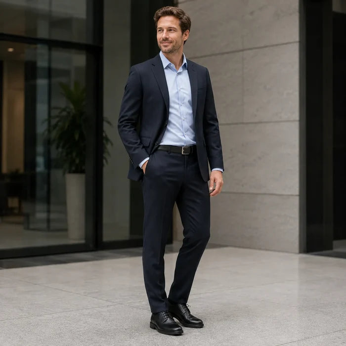 Black leather lace-up business shoes on a standing man, side view.