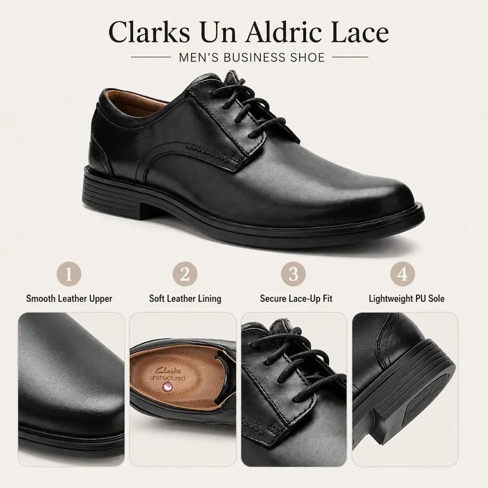 Black leather lace-up business shoe with smooth upper and low PU sole.