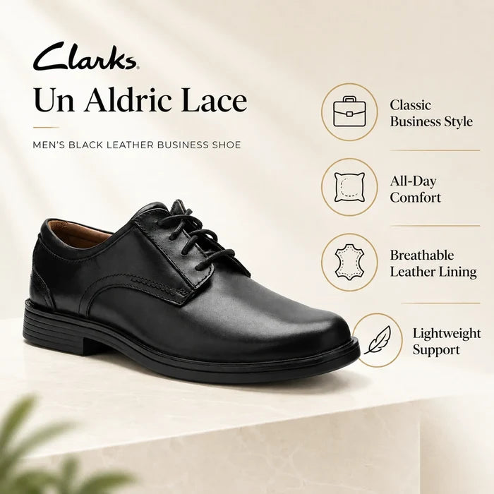 Black leather lace-up business shoe with classic round toe and lace-up front.