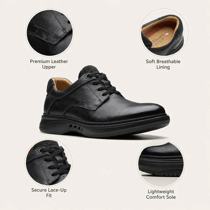 Men's black leather lace-up business shoe, comfort sole and breathable lining