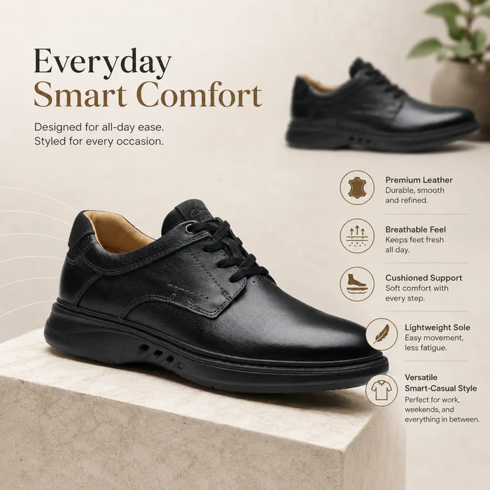 Men's black leather lace-up business shoe with low-profile comfort sole