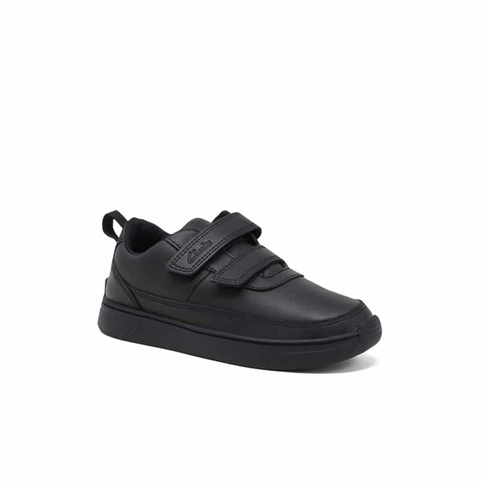 Black kids sneakers with dual hook-and-loop straps and cushioned collar
