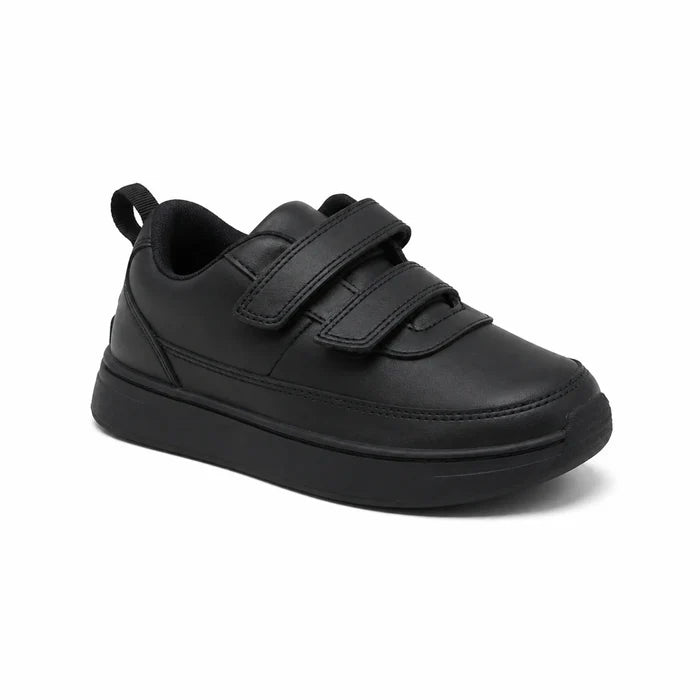 Black kids sneakers angled view with dual hook-and-loop straps and thick sole