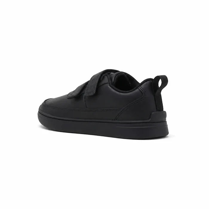 Black kids sneakers rear view with pull tab and thick rubber sole