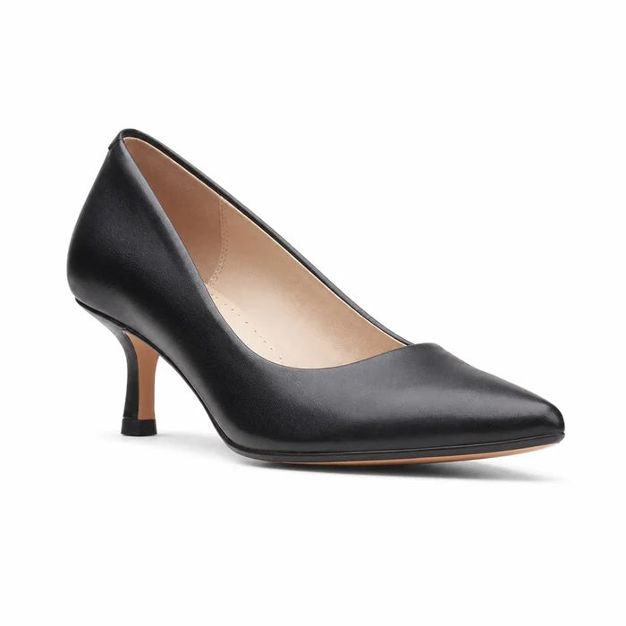 Women's black heeled court shoe, pointed toe slip-on style with modest heel