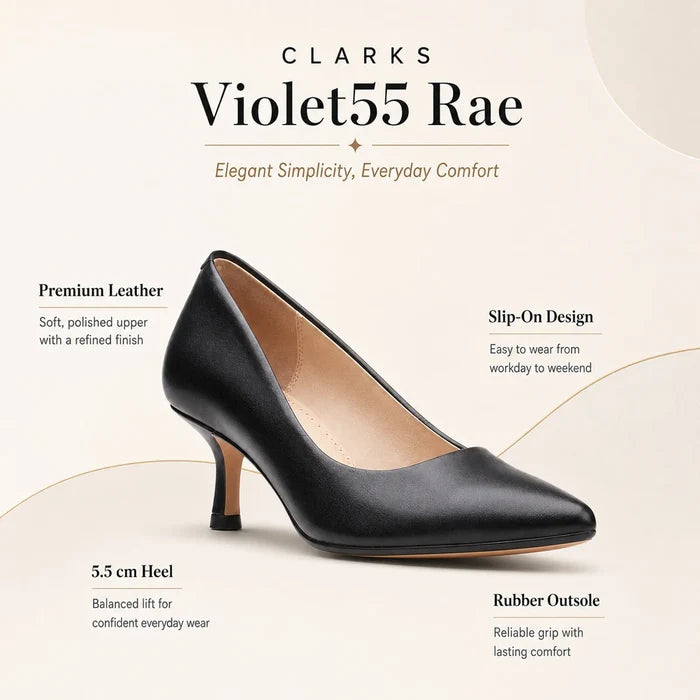 Women's black heeled court shoe with pointed toe and low stacked heel