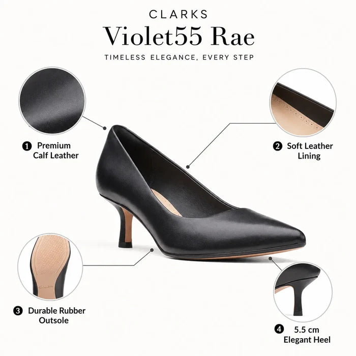 Women's black heeled court shoe shown in profile, pointed toe and slim heel