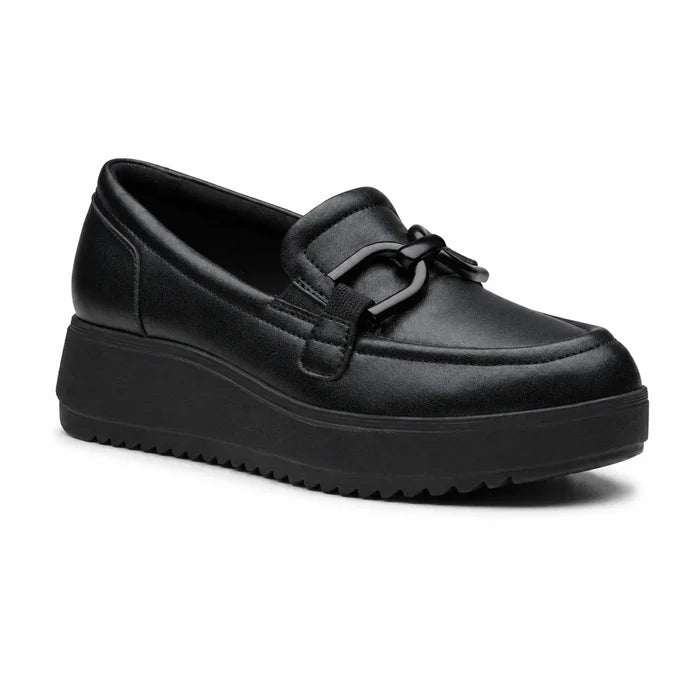 Black leather platform loafer with front strap and cushioned collar