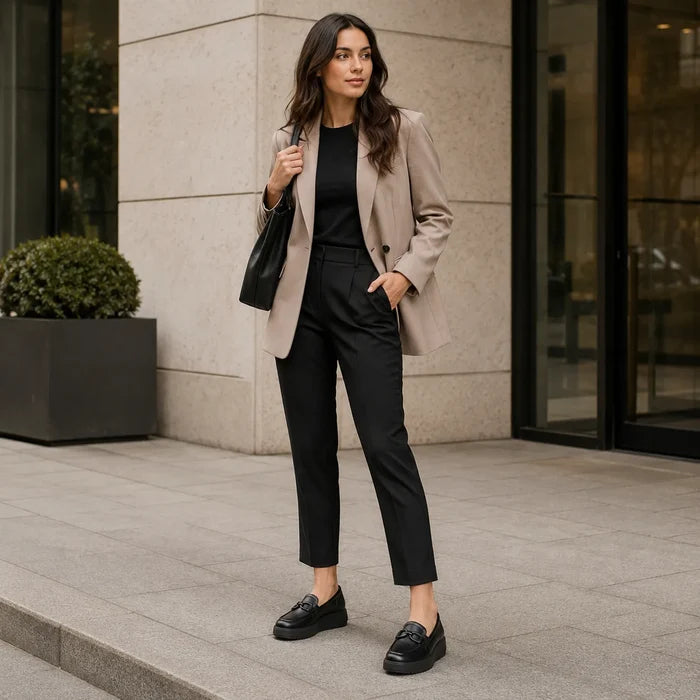 Black leather platform loafers on person with ankle-length trousers