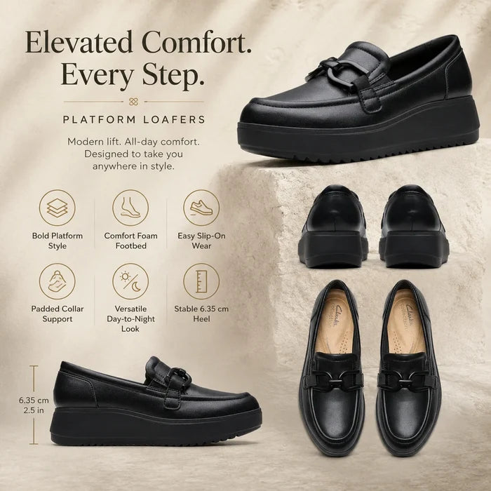 Black leather platform loafers set with front strap and chunky outsole