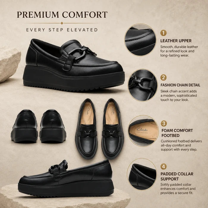 Black leather platform loafer shoes with chain detail and cushioned collar