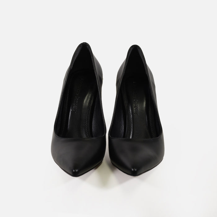 Pair of sleek black carbon pointed-toe stiletto pumps, high-angle front view on white background.