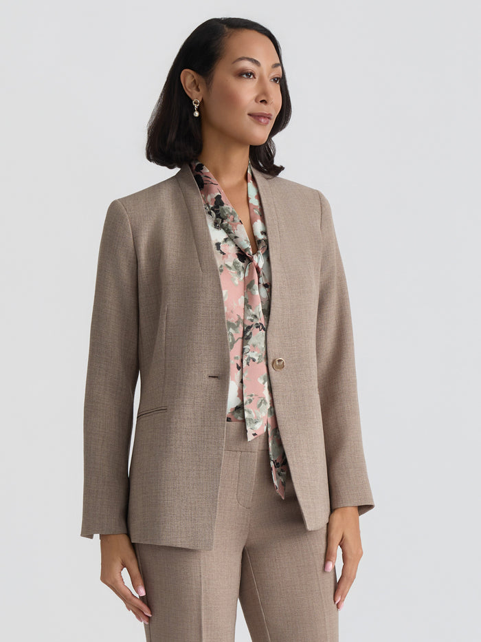 Collarless One Button Jacket, Pebble Crepe, Taupe Melange | Kasper