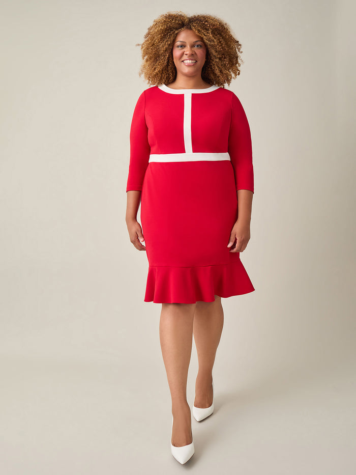 Colorblock Ruffle Hem Dress, Crimson/Cream, Crimson/Cream | Kasper