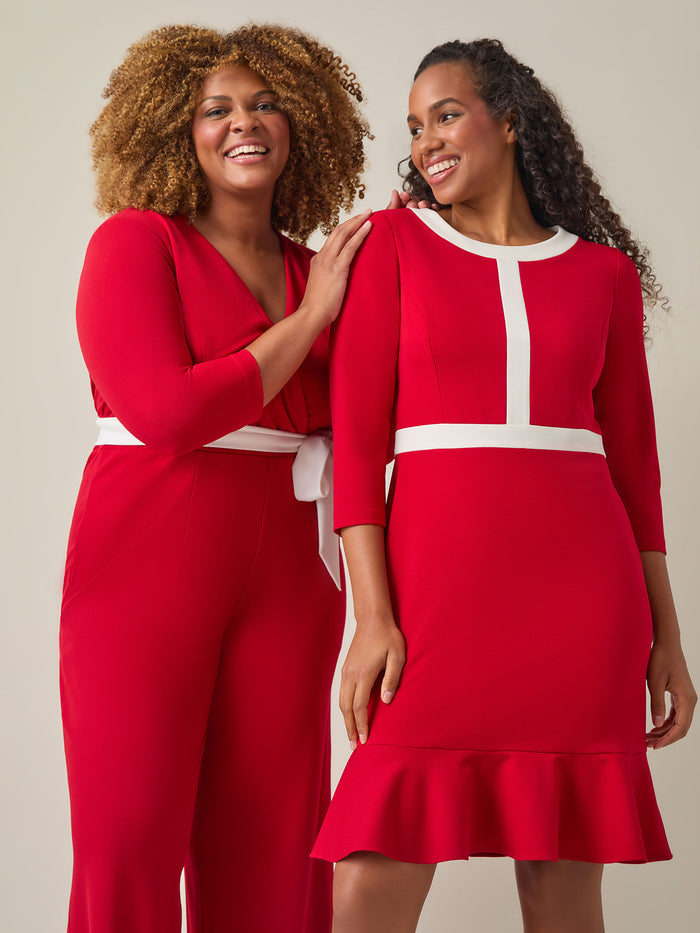 Colorblock Ruffle Hem Dress, Crimson/Cream, Crimson/Cream | Kasper