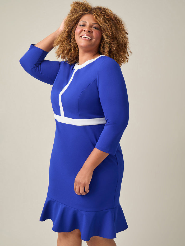 Colorblock Ruffle Hem Dress, Royal Signature/White, Royal Signature/White | Kasper