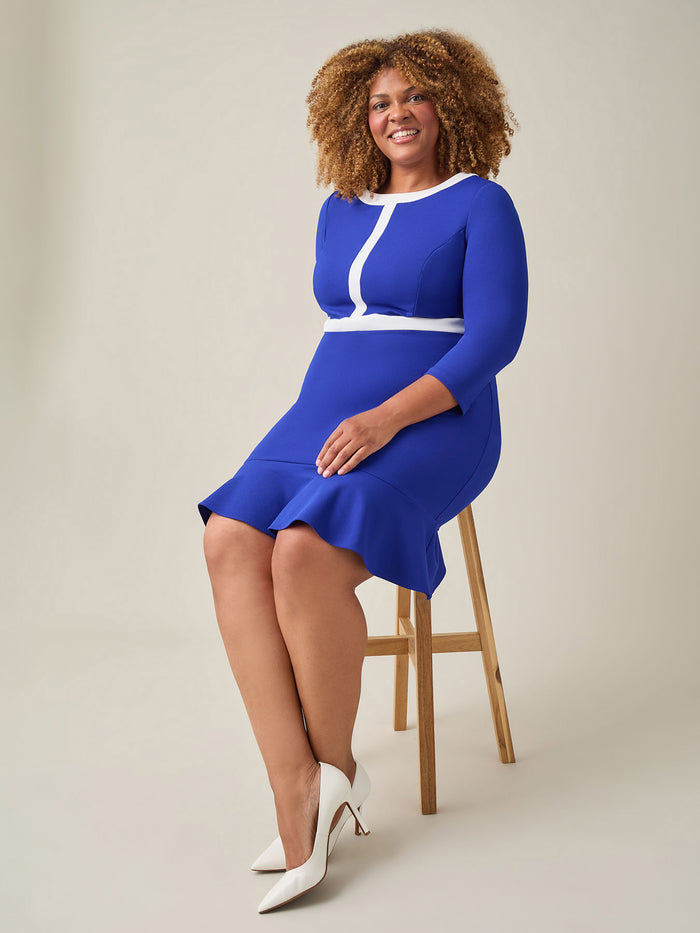 Colorblock Ruffle Hem Dress, Royal Signature/White, Royal Signature/White | Kasper
