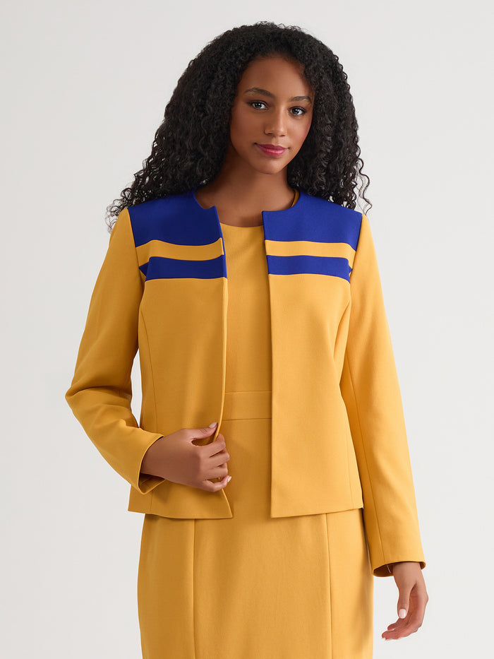 Contrast Paneling Open Front Cardigan, Gold Signature/Royal Signature, Gold Signature/Royal Signature | Kasper