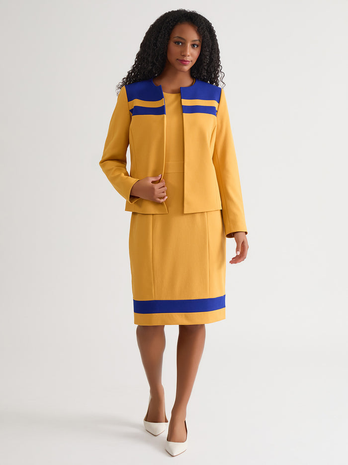 Contrast Paneling Open Front Cardigan, Gold Signature/Royal Signature, Gold Signature/Royal Signature | Kasper