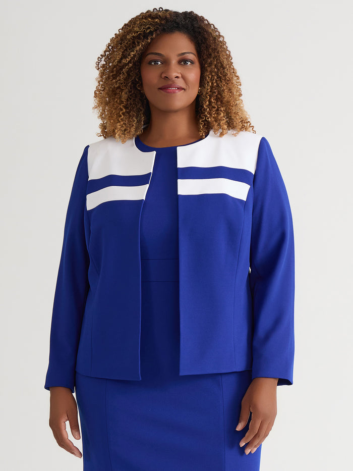 Contrast Paneling Open Front Cardigan, Royal Signature/White, Royal Signature/White | Kasper