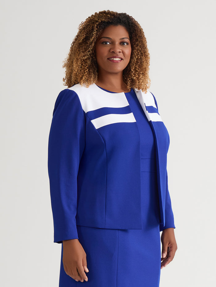 Contrast Paneling Open Front Cardigan, Royal Signature/White, Royal Signature/White | Kasper