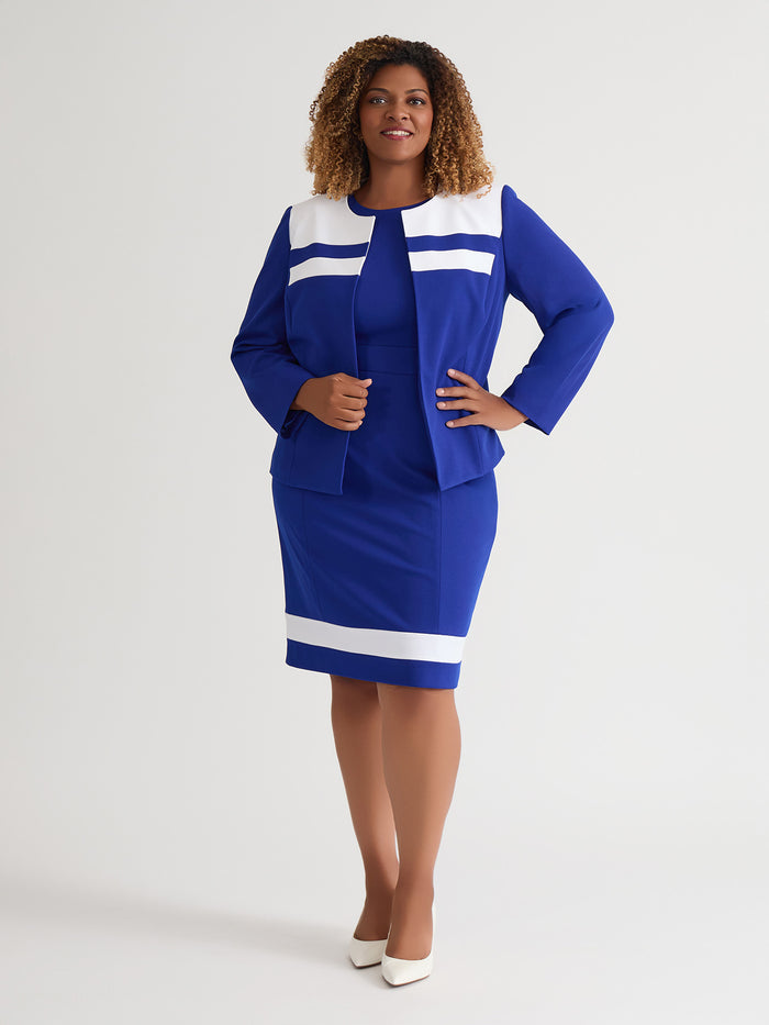 Contrast Paneling Open Front Cardigan, Royal Signature/White, Royal Signature/White | Kasper