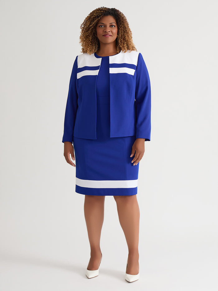 Contrast Paneling Open Front Cardigan, Royal Signature/White, Royal Signature/White | Kasper