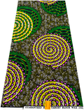 A piece of fabric with a geometric wax print in apple-green, pink, yellow, olive-green, white, and black colors.