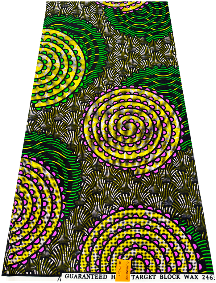 A piece of fabric with a geometric wax print in apple-green, pink, yellow, olive-green, white, and black colors.