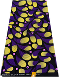 African wax print fabric featuring a geometric pattern in purple, black, and yellow colors