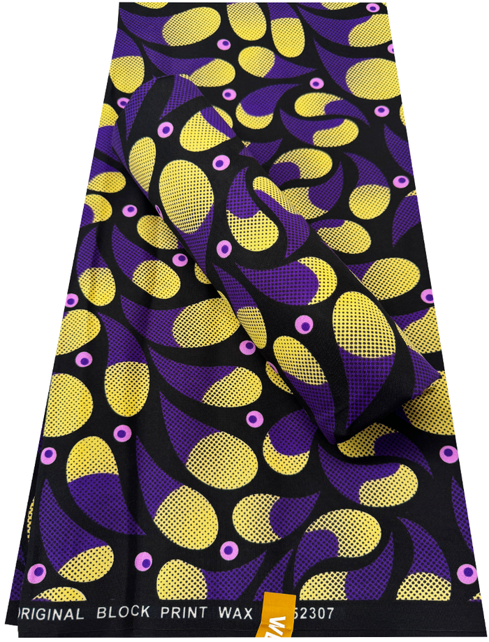 Cotton Blend African Wax Print Fabric Purple, Black and Yellow