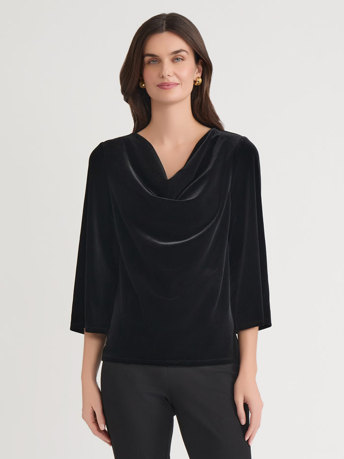 Plus Cowl Neck Bell Sleeve Top, Velvet, Black | Kasper