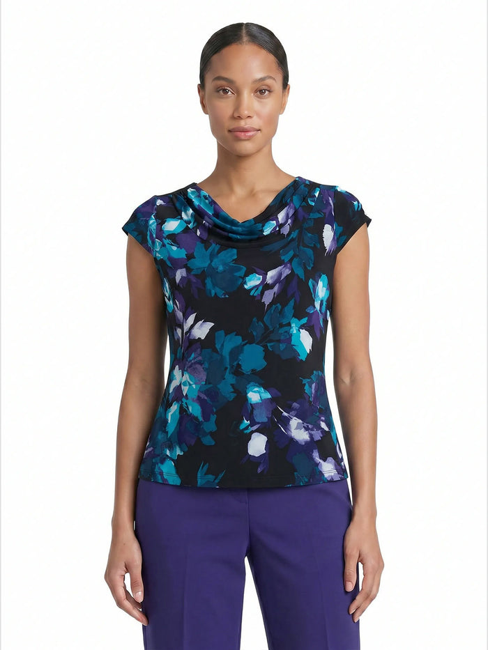 Cowl Neck Top, Everyday Knit, Black/Bottle Teal Leaf Multi | Kasper