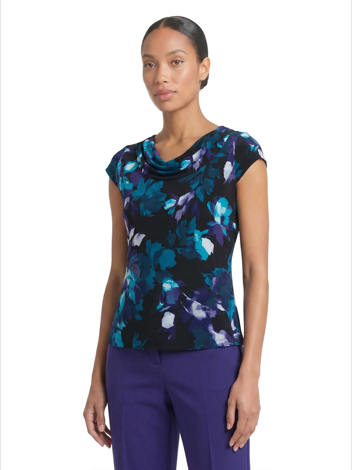 Cowl Neck Top, Everyday Knit, Black/Bottle Teal Leaf Multi | Kasper