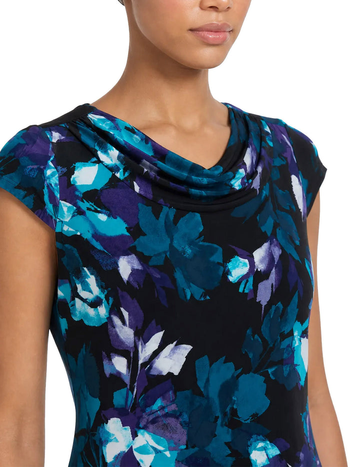Cowl Neck Top, Everyday Knit, Black/Bottle Teal Leaf Multi | Kasper