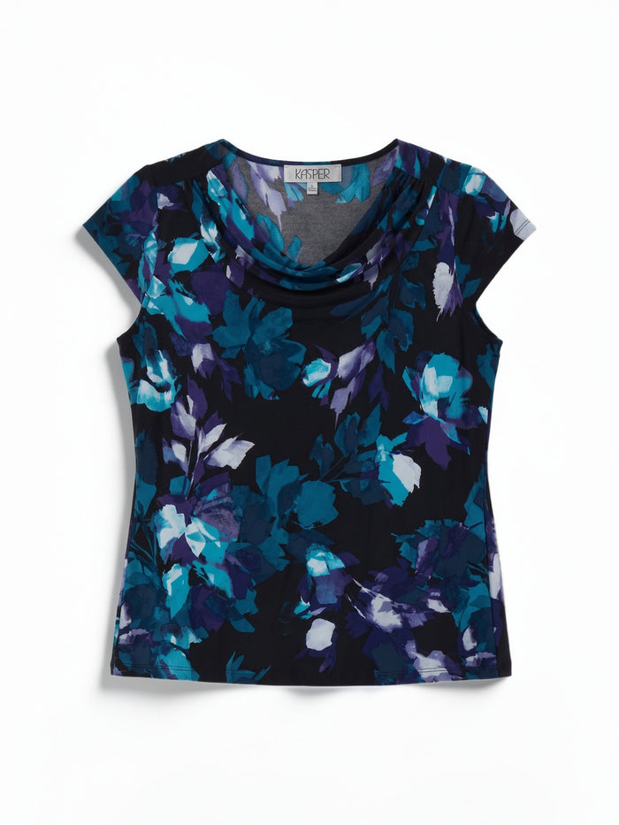 Cowl Neck Top, Everyday Knit, Black/Bottle Teal Leaf Multi | Kasper