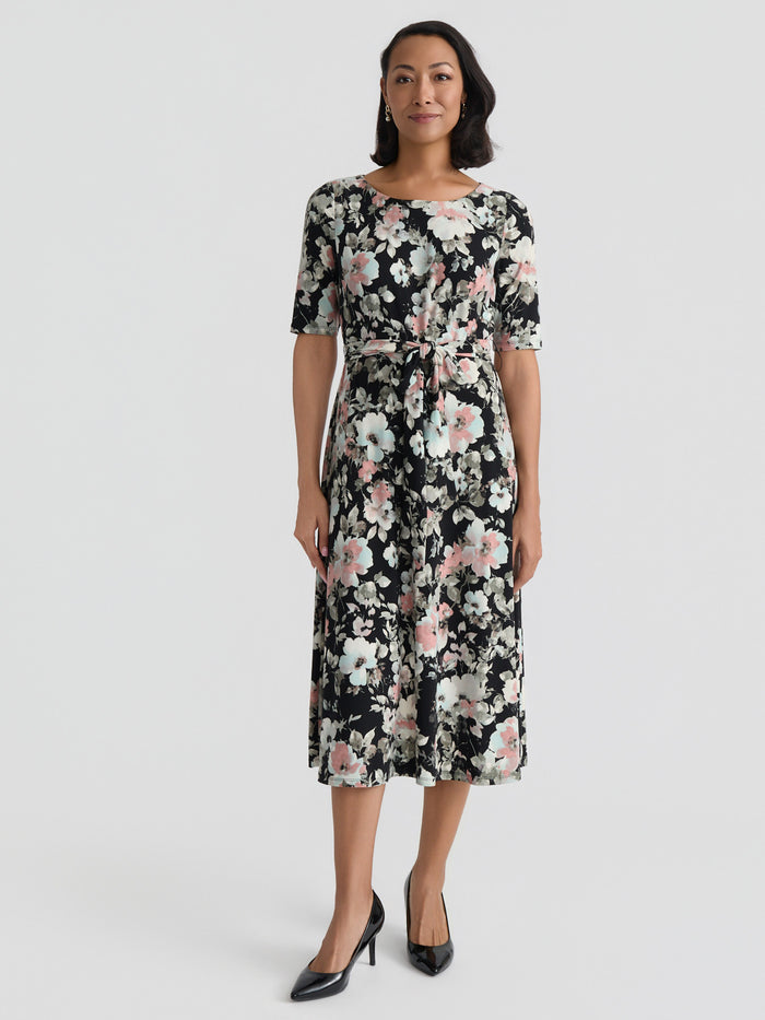 Plus Crew Neck Tie Waist Flare Dress, Everyday Knit, Black/Tearose/Sea Glass Floral Multi | Kasper