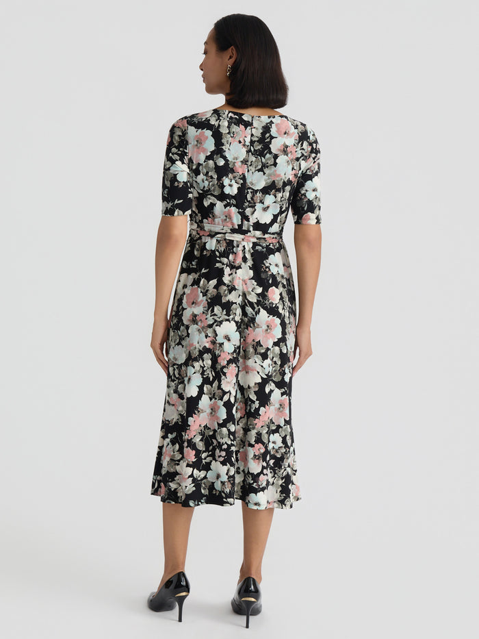 Plus Crew Neck Tie Waist Flare Dress, Everyday Knit, Black/Tearose/Sea Glass Floral Multi | Kasper