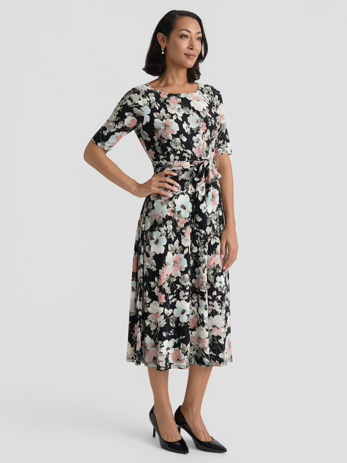 Plus Crew Neck Tie Waist Flare Dress, Everyday Knit, Black/Tearose/Sea Glass Floral Multi | Kasper