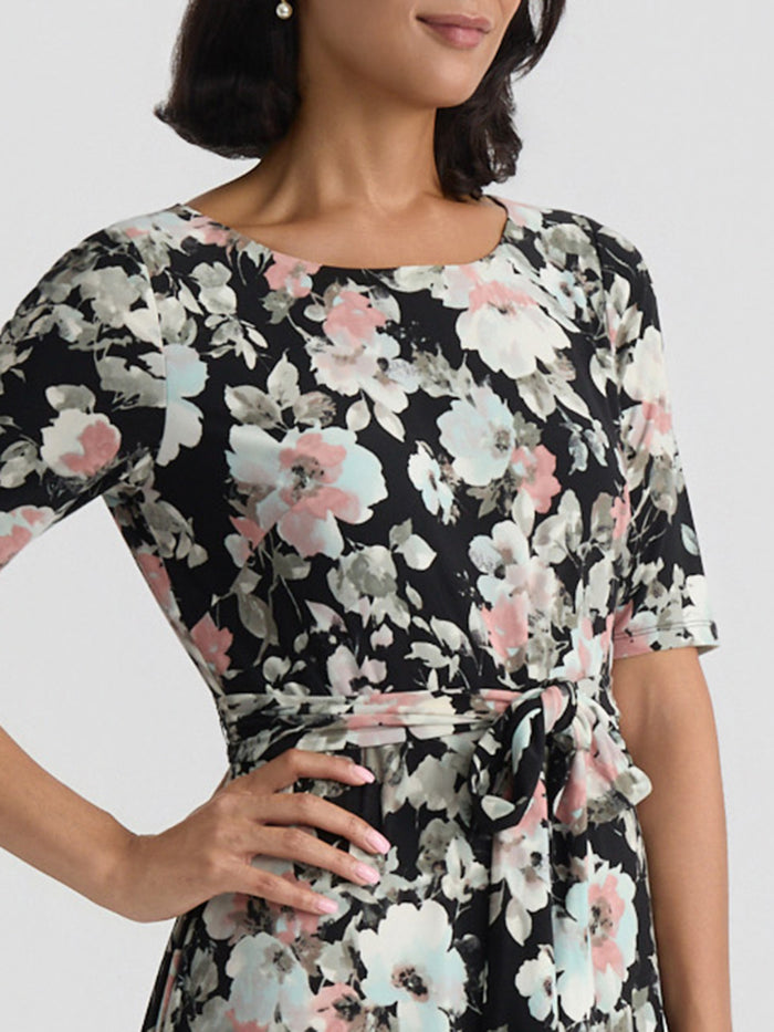 Plus Crew Neck Tie Waist Flare Dress, Everyday Knit, Black/Tearose/Sea Glass Floral Multi | Kasper