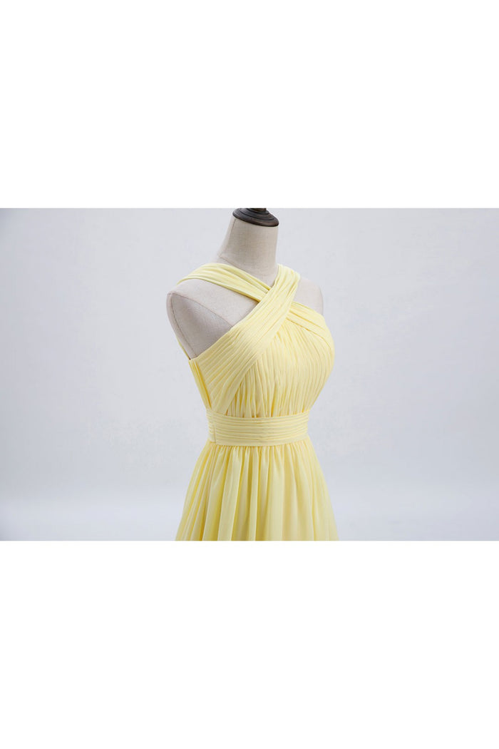 Cross Front Yellow Pleated Chiffon Long Bridesmaid Dress