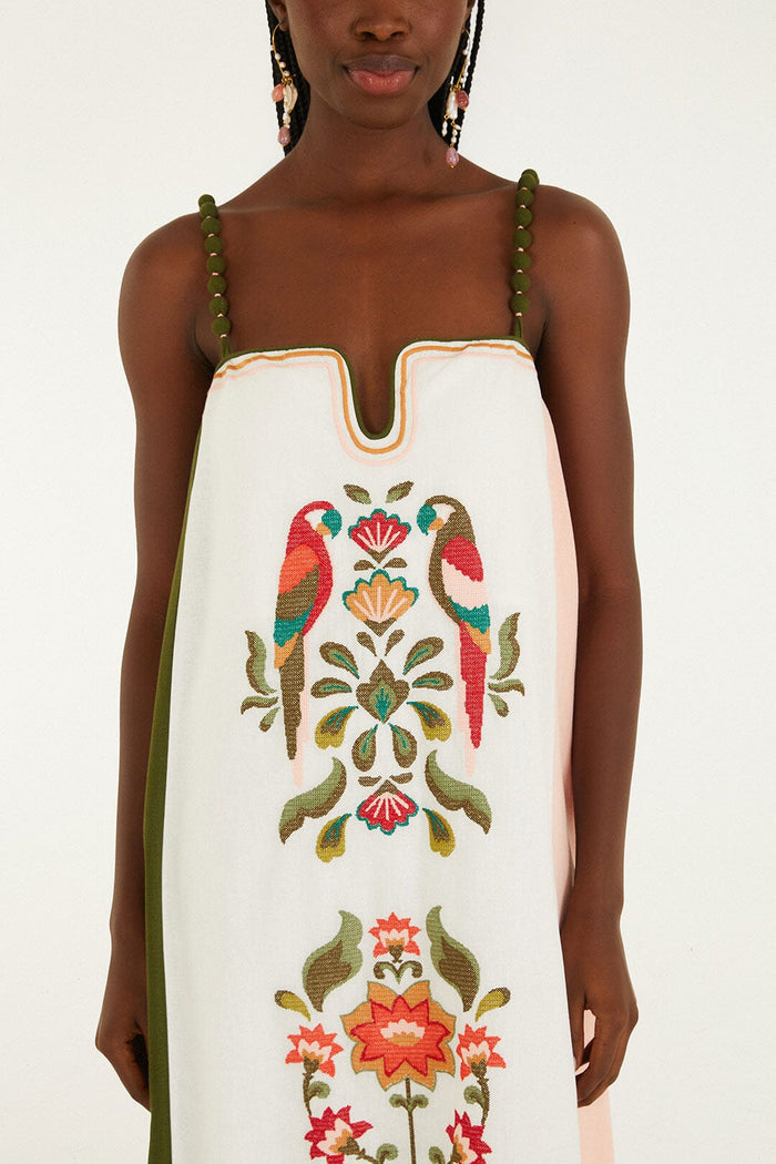 FARM Rio model wearing the Cross Stich Embroidery Maxi Dress Sleeveless