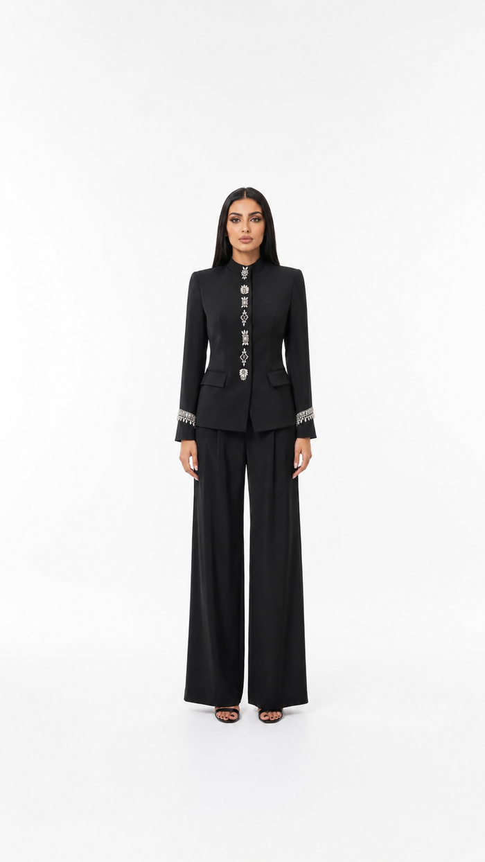Crystal Button Tailored Blazer & Wide-Leg Pants Set - Aria