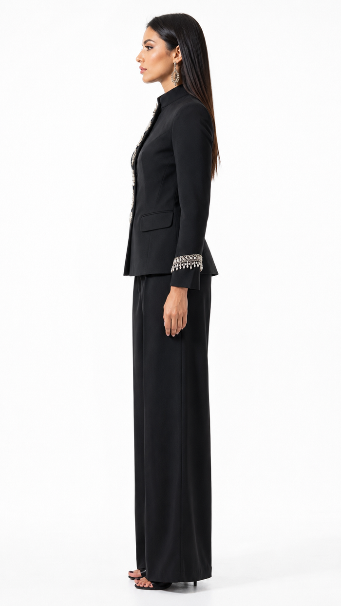 Crystal Button Tailored Blazer & Wide-Leg Pants Set - Aria