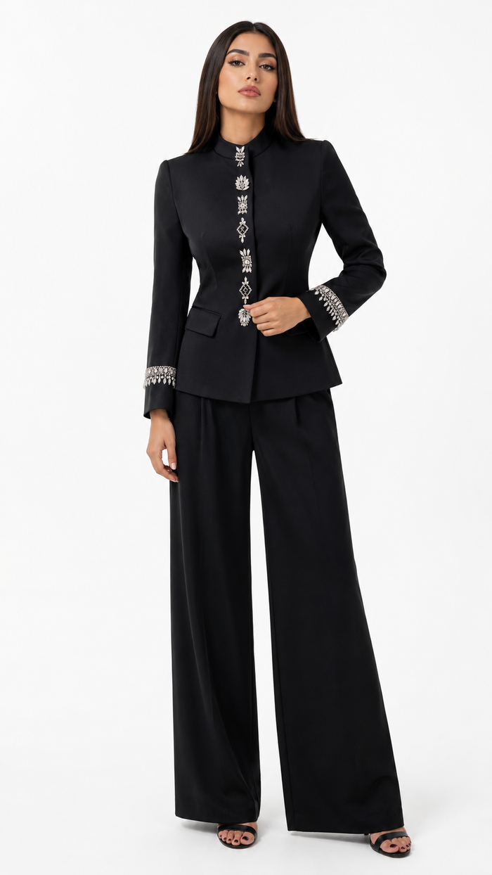 Crystal Button Tailored Blazer & Wide-Leg Pants Set - Aria