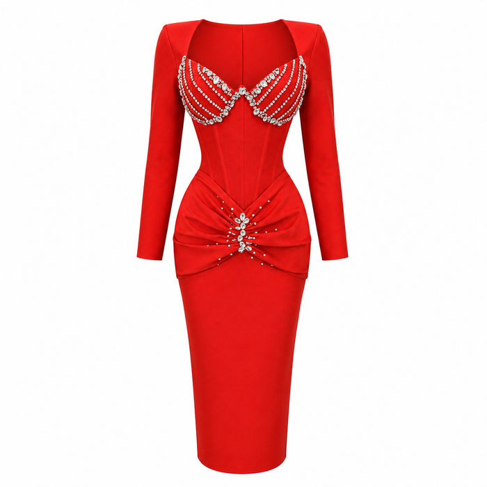 Crystal Corset Ruched Midi Dress - Desire