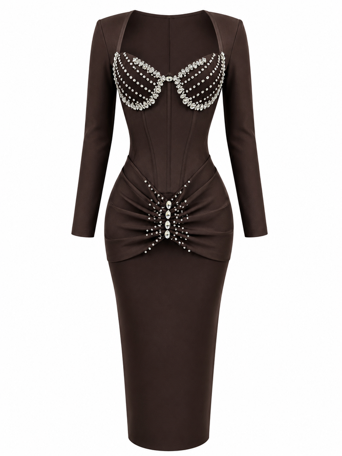 Crystal Corset Ruched Midi Dress - Desire
