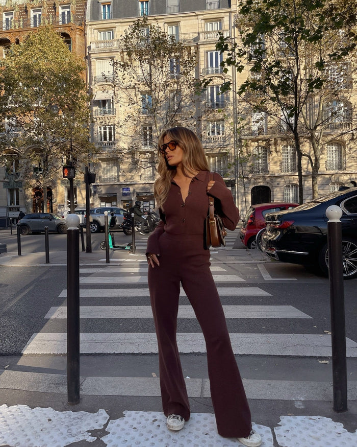 Daisy Wide Leg Knit Jumpsuit- Brown